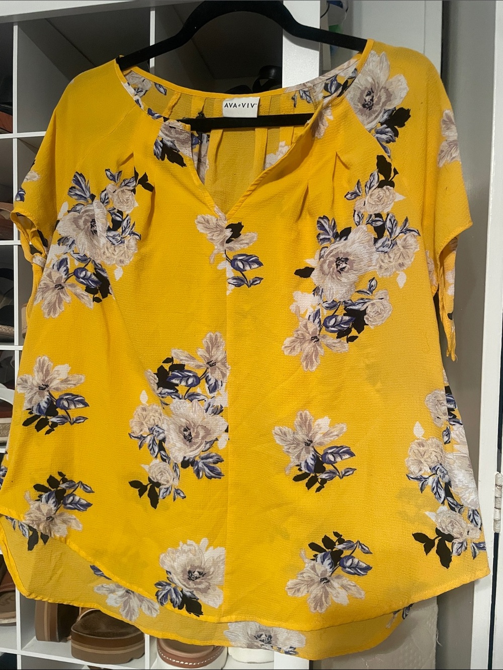 Ava & Viv Yellow Floral Split-Neck Blouse